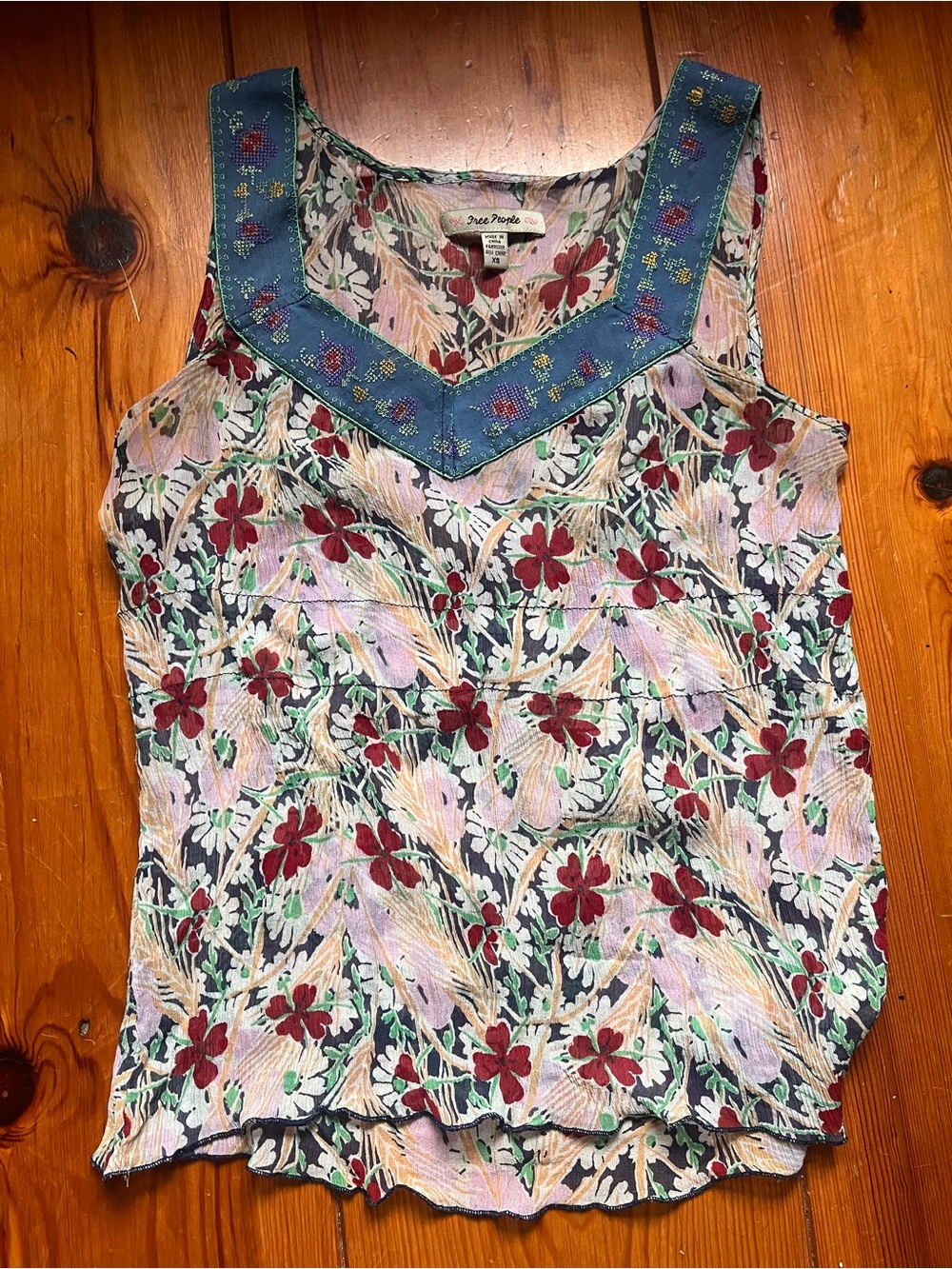 Free People Floral Embroidered Camisole - Blue, Red, Green